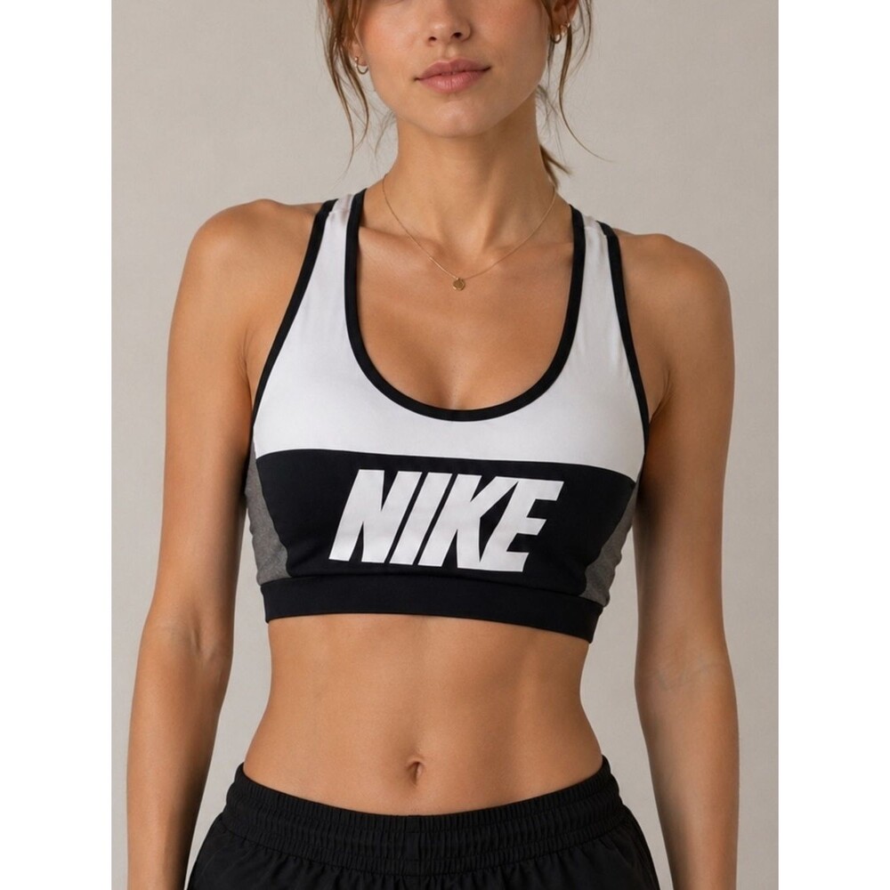 Nike Dri-FIT Medium Support Sports Bra | Black White Gray Athletic Crop Top
